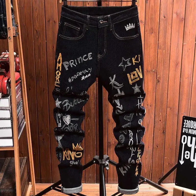 Men's Embroidery Badge Retro Cargo Black Denim Jeans