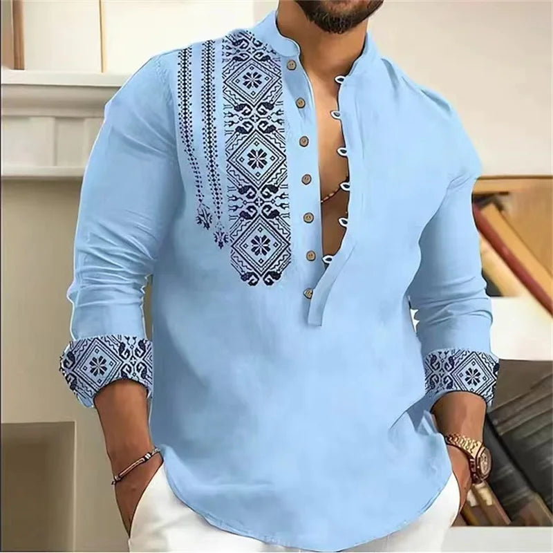 Men's 7-Button Loose Henley V-Neck Long Sleeve Beach Shirt