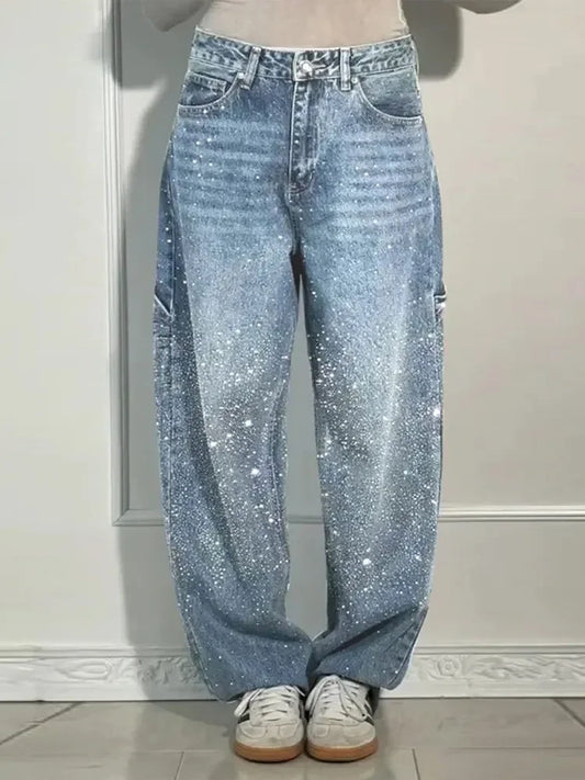 Women's Rhinestone Baggy Wide-Leg Washed Denim Jeans