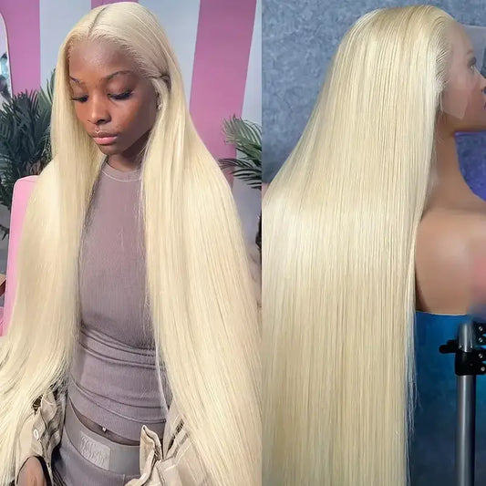 613 Colored Straight Human Hair 13x4 HD Blonde Lace Front Wigs 200 Density 13x6 Transparent Full Lace Frontal Wigs 44 46 Inches model showcases long, silky blonde hair.