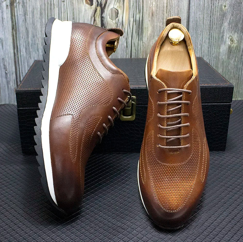 Men's Genuine Leather Lace-Up Oxford Casual Sneakers Travel Flats