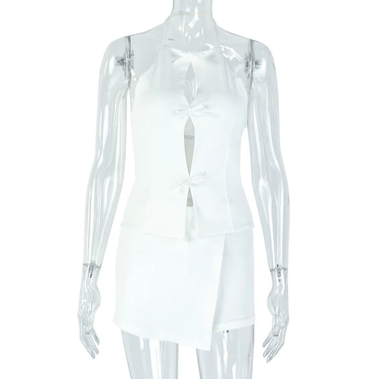 Women's White Hollow Halter Backless Top and Irregular Mini Skirt Set