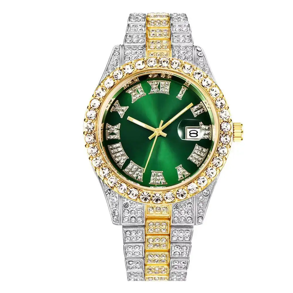 Men's Full Diamond Stainless Steel Quartz Calendar Wristwatch