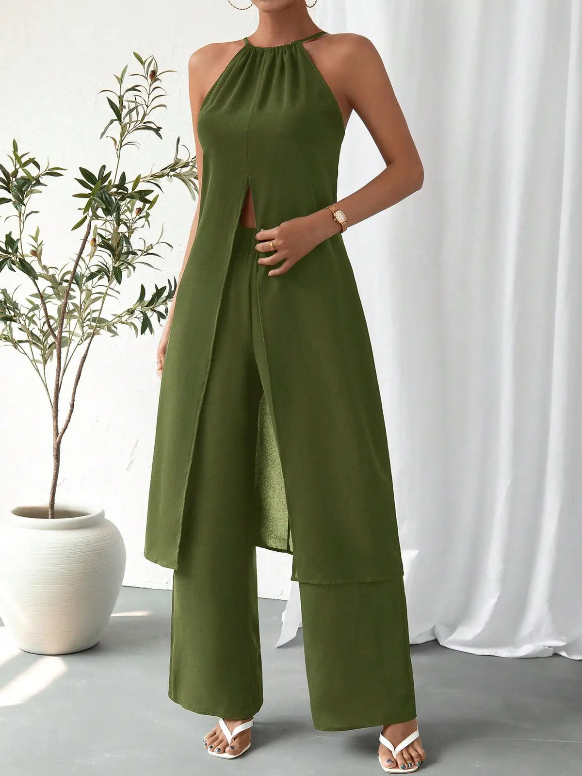 Women's Solid Strap Design Two-Piece Set