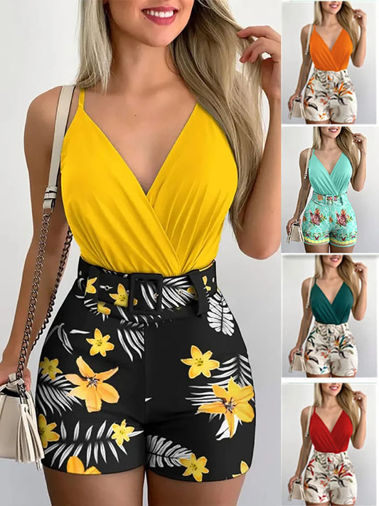 Women's Two-Piece Hips Beach Suspender Shorts Suit with Belt