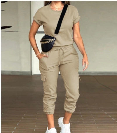 Women's Solid Round-Neck Short-Sleeve Top and Multi-Pocket Jogger Set