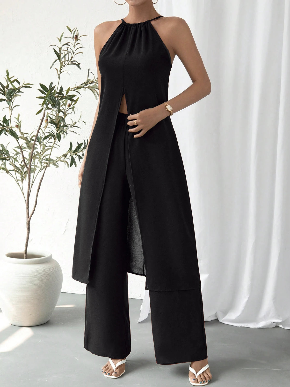 Women's Solid Strap Design Two-Piece Set
