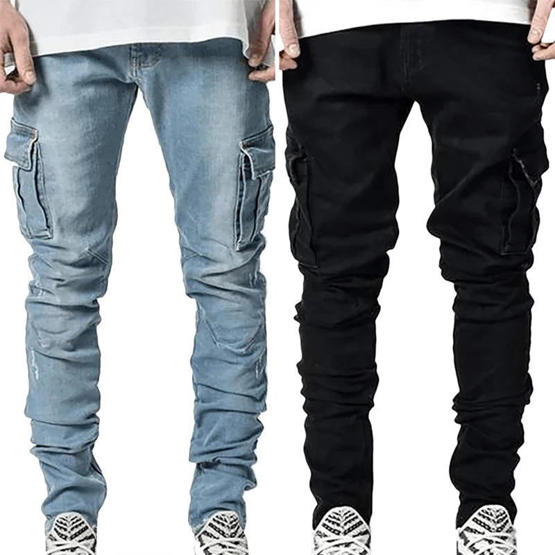 Men's Solid Wash Mid-Waist Multi-Pocket Denim Cargo Jeans