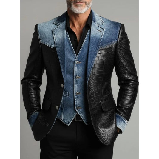 Designer Classic Men's Suit Coat Denim Patchwork Crocodile PU Leather Notched Lapel Tuxedos Groom Wear Business Party Blazer