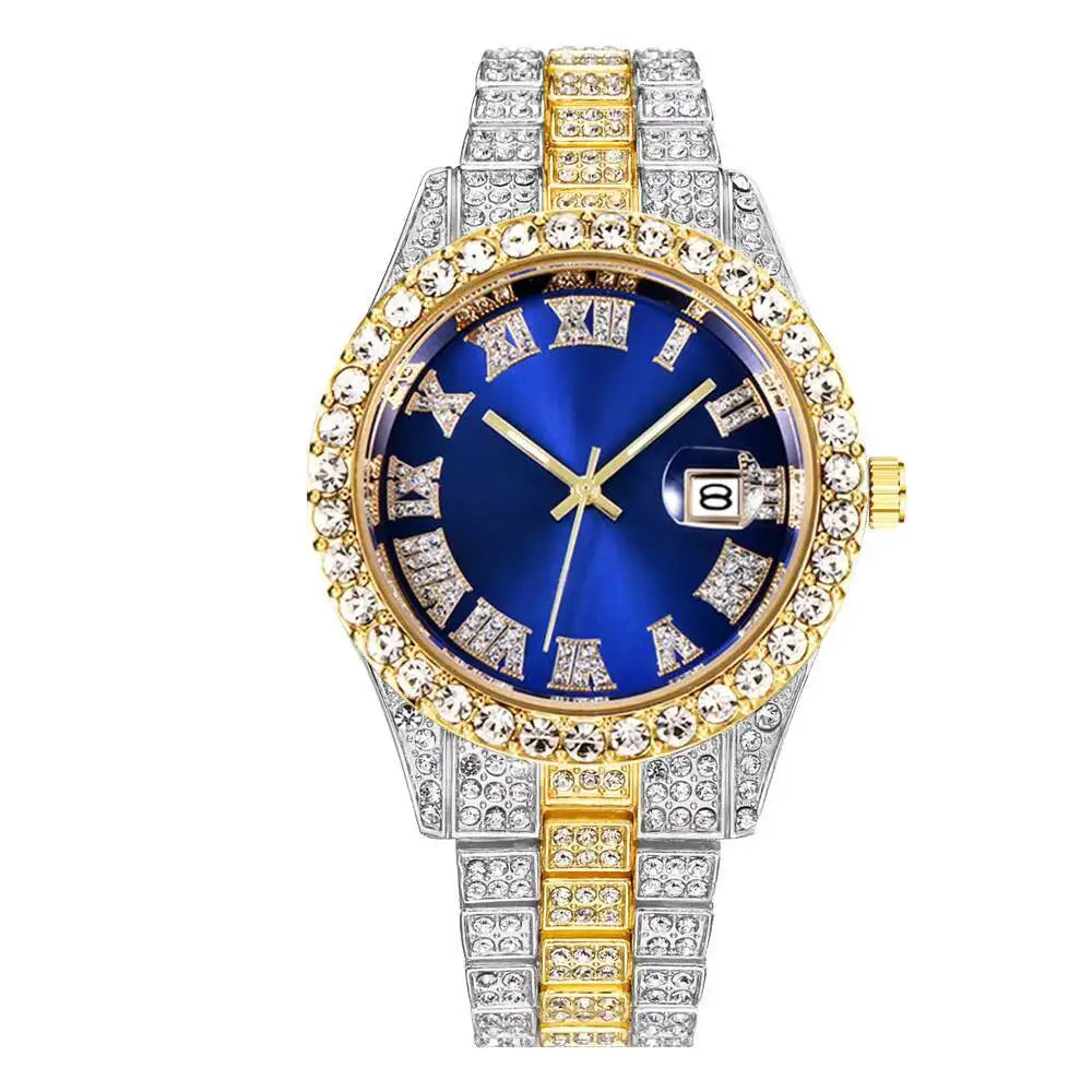 Men's Full Diamond Stainless Steel Quartz Calendar Wristwatch