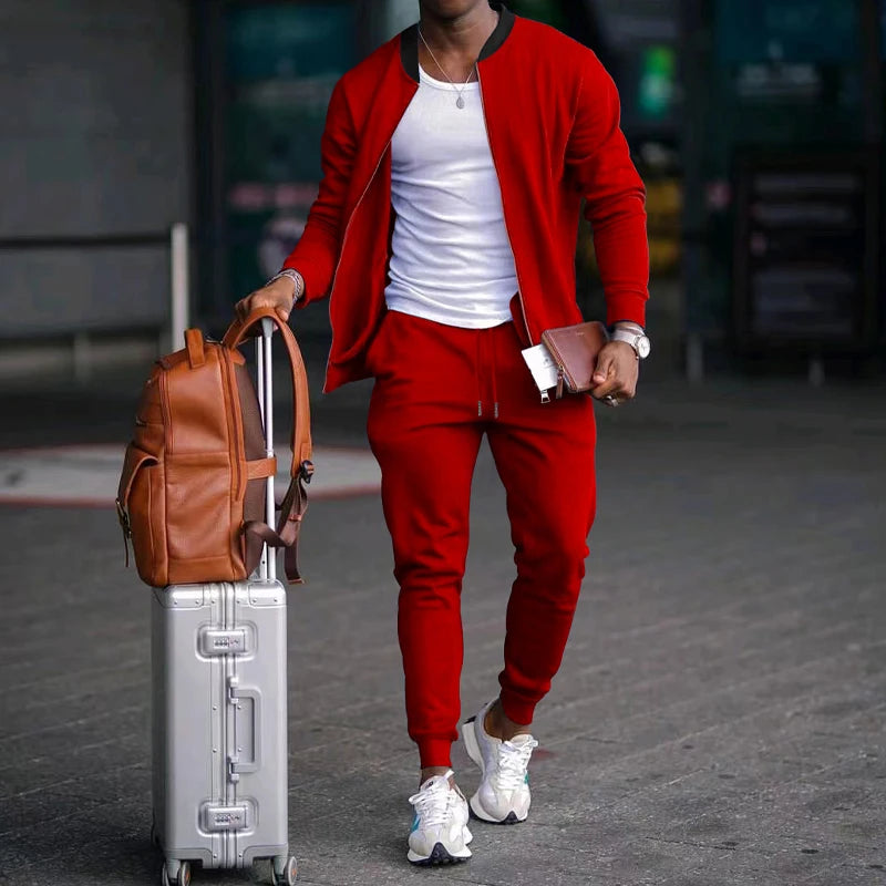 Men's Solid Stand-Collar Zip Jacket and Pants Set