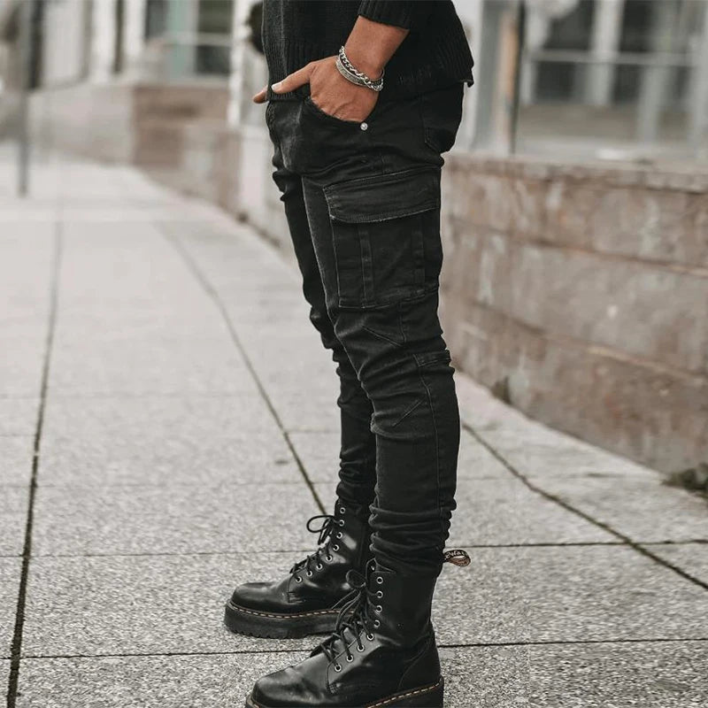 Men's Solid Wash Mid-Waist Multi-Pocket Denim Cargo Jeans