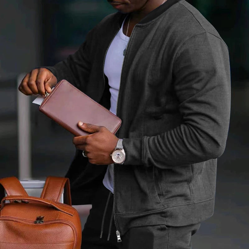 Men's Solid Stand-Collar Zip Jacket and Pants Set