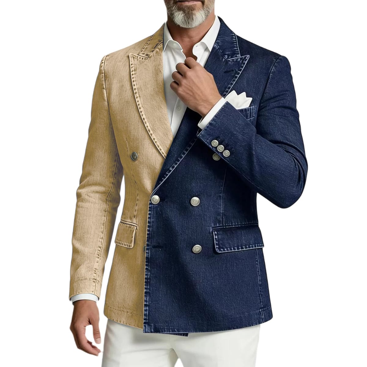 Men's Spliced Denim Peak Lapel Double-Breasted Blazer