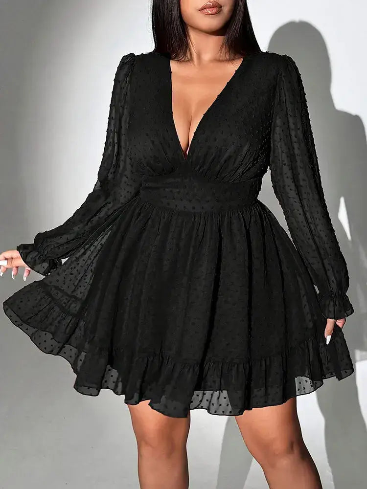 Women's Plus Size V-Neck Polka Dot A-Line Evening Dress