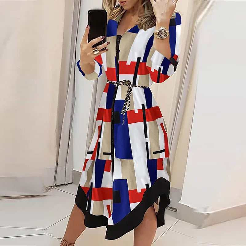 Women's Autumn Print V-Neck Lace-Up Long Sleeve Slim Midi Dress