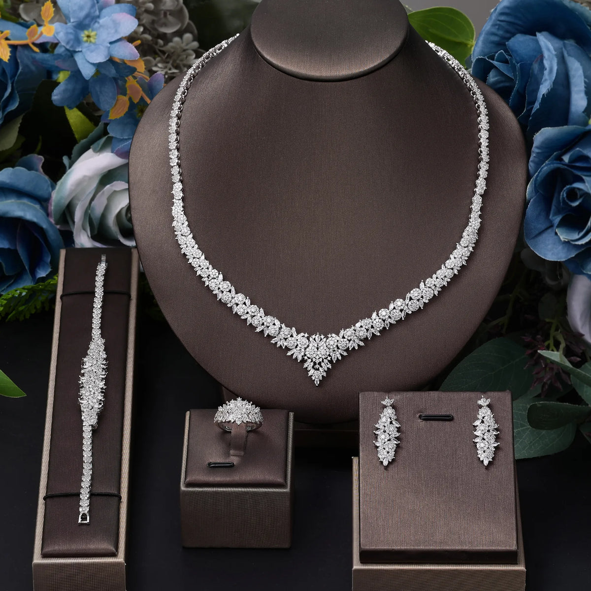 Women's 4-Piece CZ Crystal Wedding Necklace Party Jewelry Set