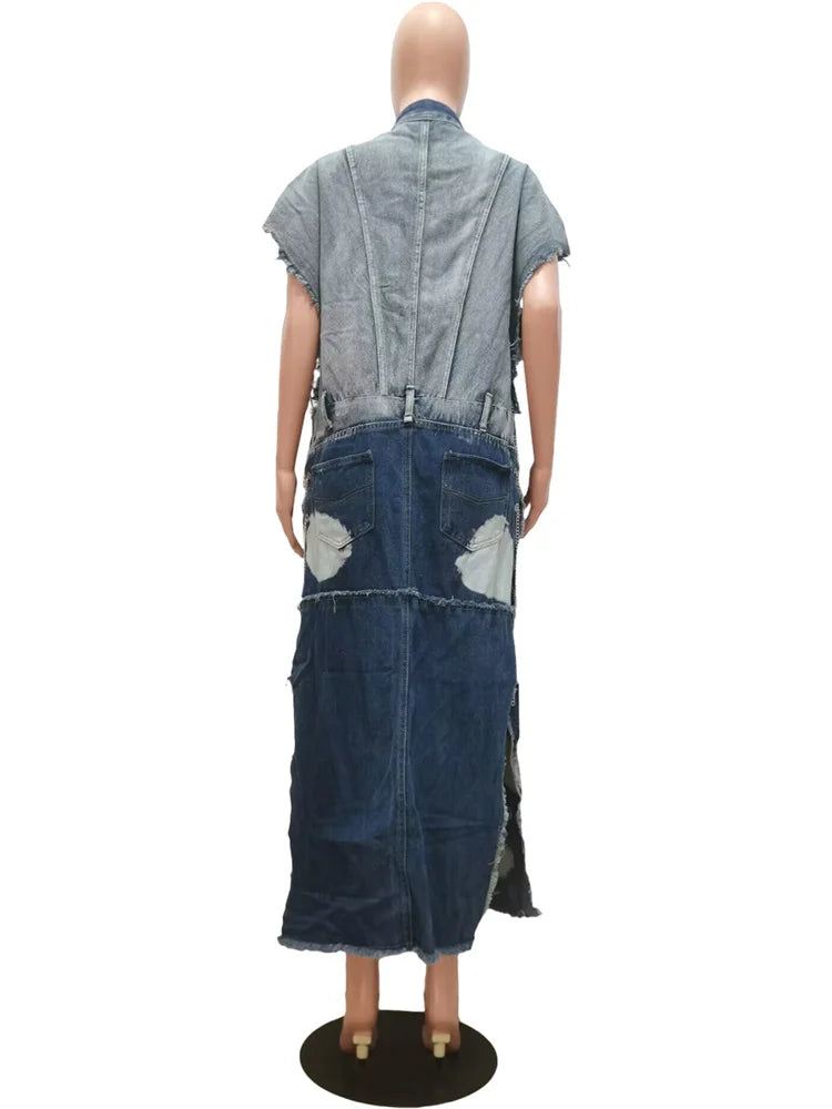 Women's Long Denim Trench Jacket with Pockets, Street Outerwear