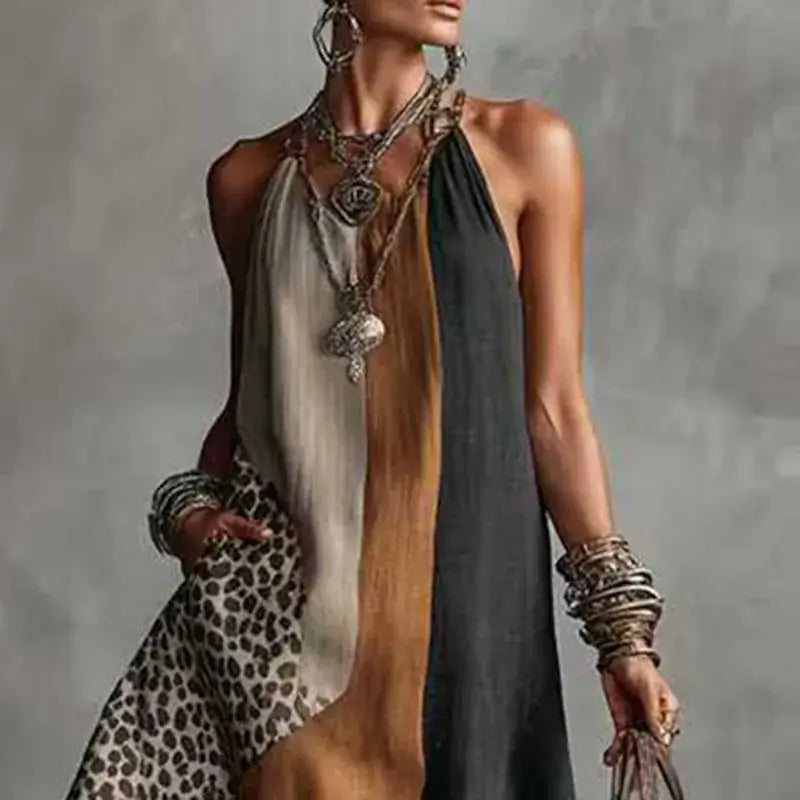 Women's Animal-Print Halter Split-Hem Maxi Dress, Sleeveless