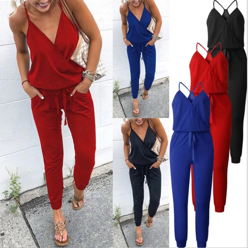 Women's Sleeveless High-Waist Lace-Up Commuter Jumpsuit