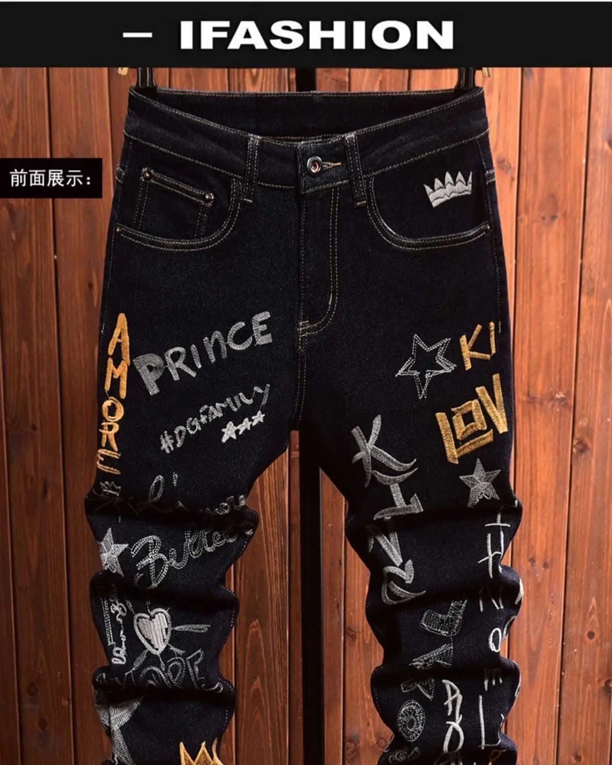 Men's Embroidery Badge Retro Cargo Black Denim Jeans