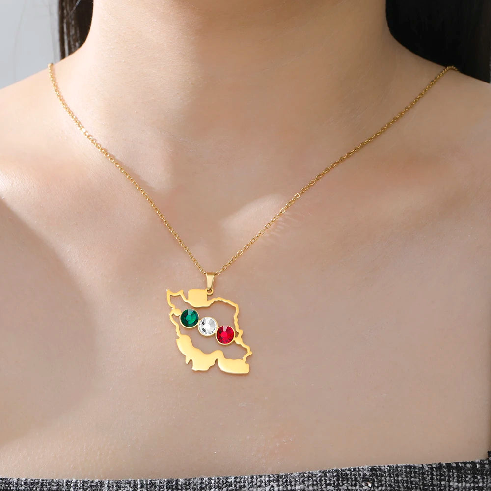 Women's Iran Map Zircon Necklace Earrings Keychain Set