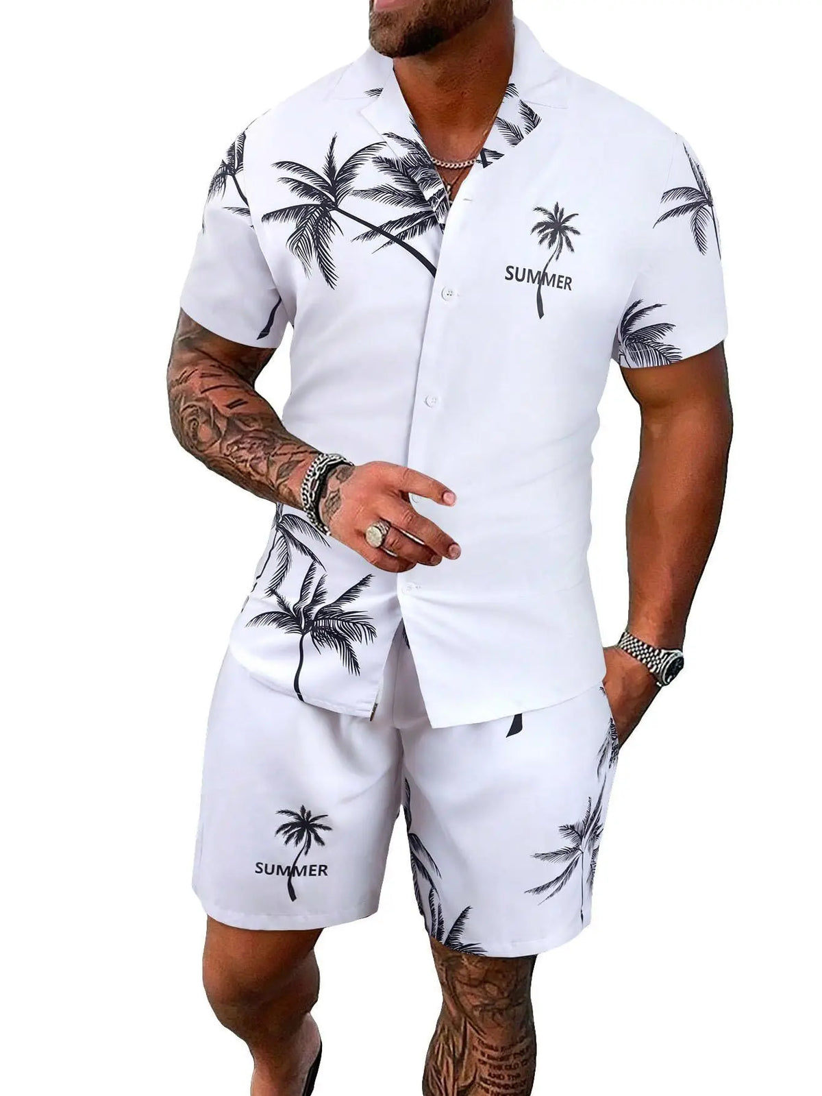 Men's Coconut Print Shirt and Shorts Two-Piece Set