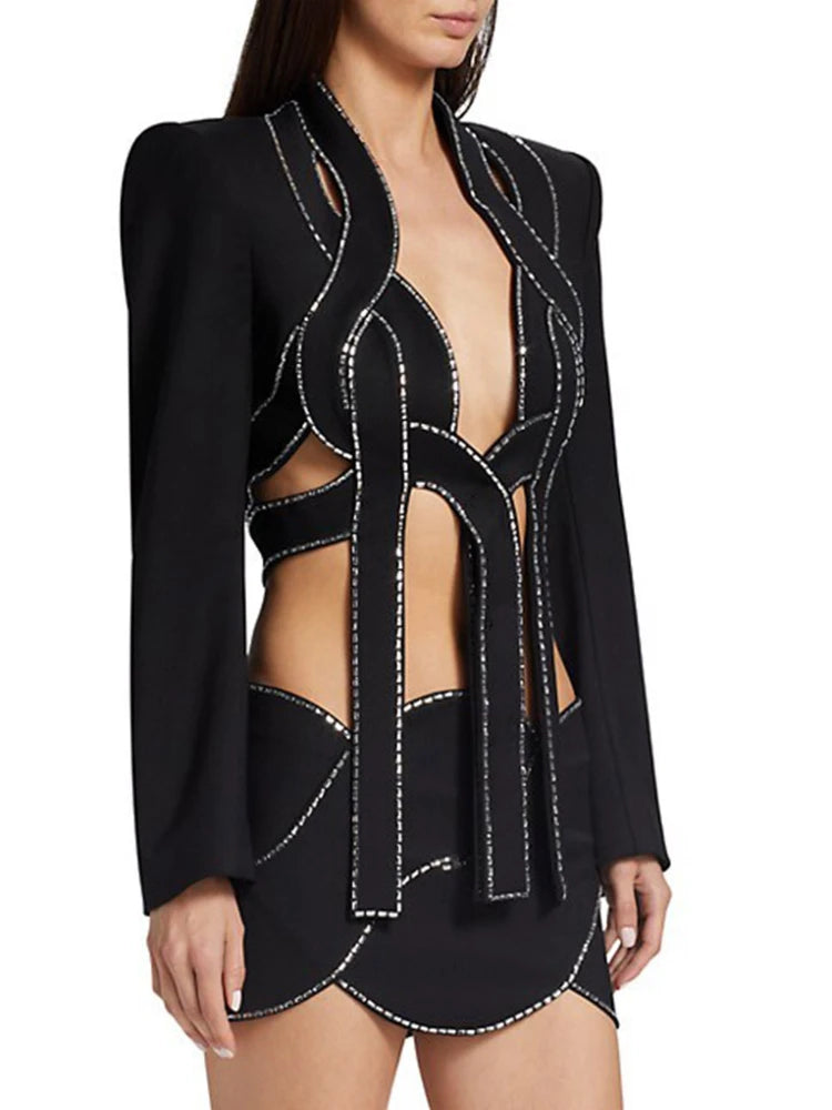 Women's Diamond Hollow Blazer and Bandage Skirt 2-Piece Set
