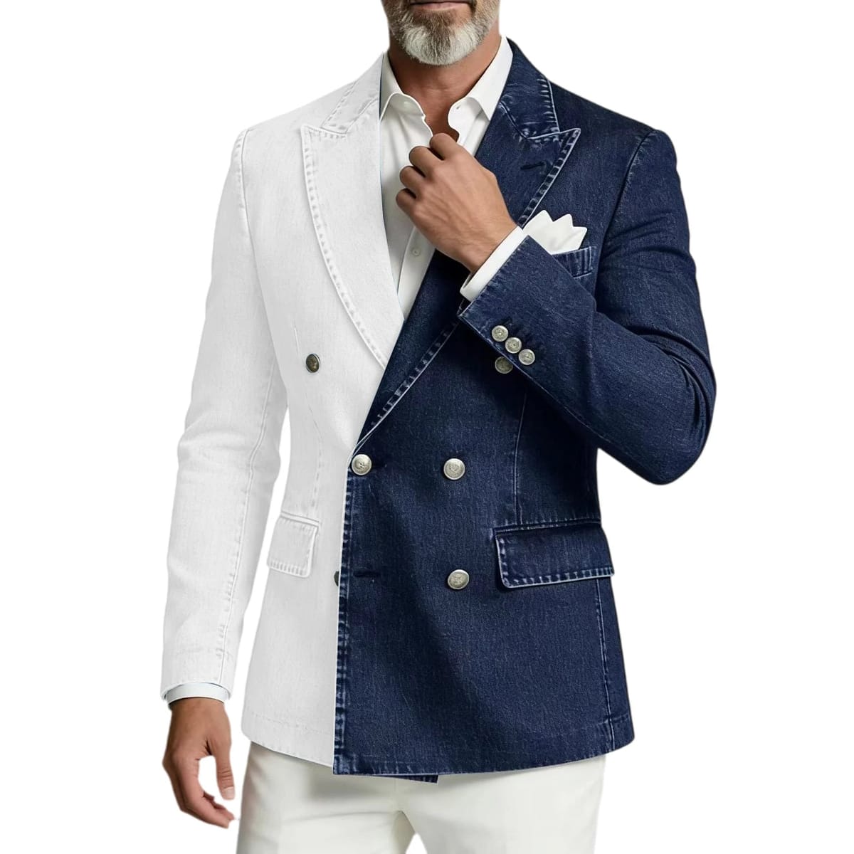 Men's Spliced Denim Peak Lapel Double-Breasted Blazer