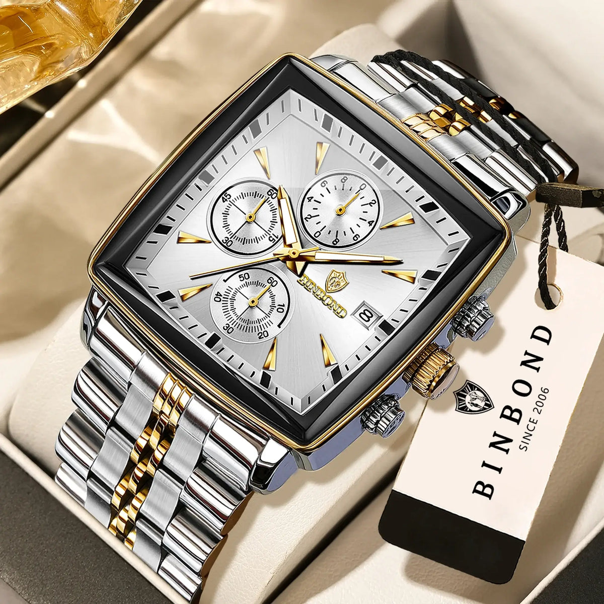 BINBOND Luxury Quartz Watches for Men Auto Date Chronograph Luminous Waterproof Men's Watch Business Sport Fashion Casual Reloj in a stylish display.