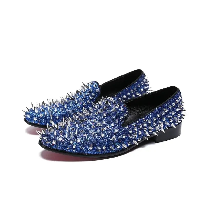 Men's Blue Bling Spike Slip-On Loafer Dress Shoes