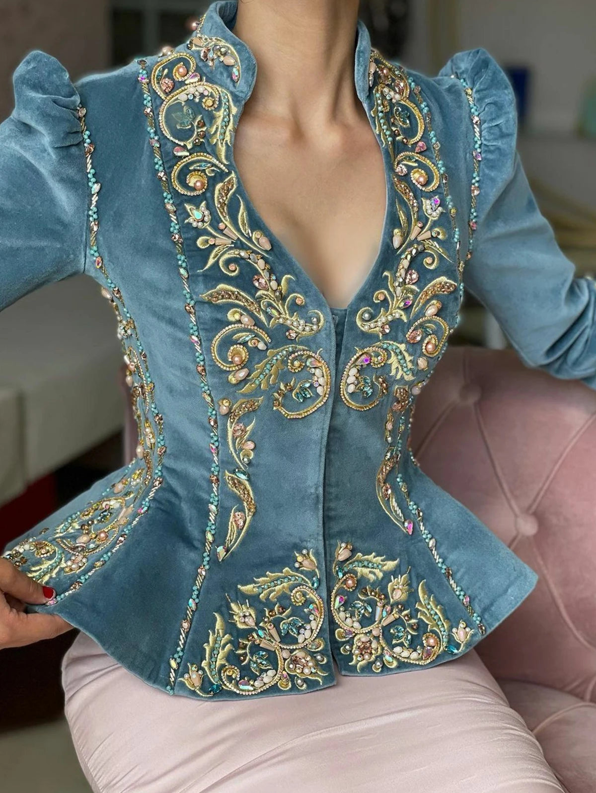 Women's Floral Embroidered V-Neck Velvet Peplum Blouse