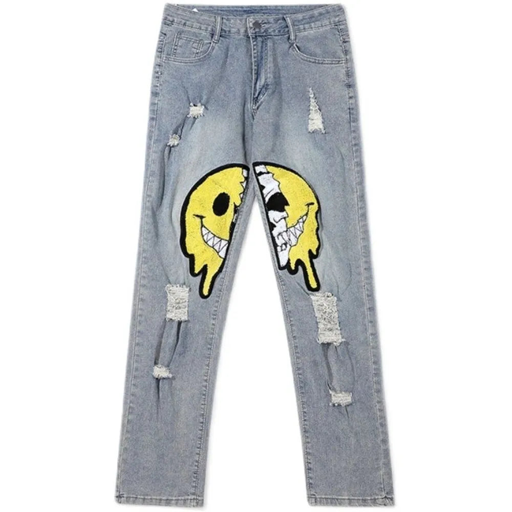 Unisex Straight Ripped Hole Baggy Patchwork Jeans Pants