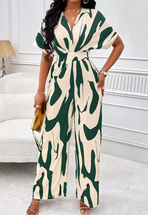 Women's V-Neck Short-Sleeve Printed Wide-Leg Jumpsuit