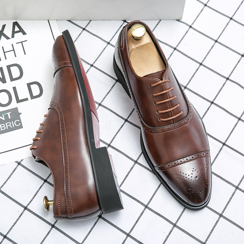 Men's Brown Black PU Lace-up Brogue Oxford Dress Shoes