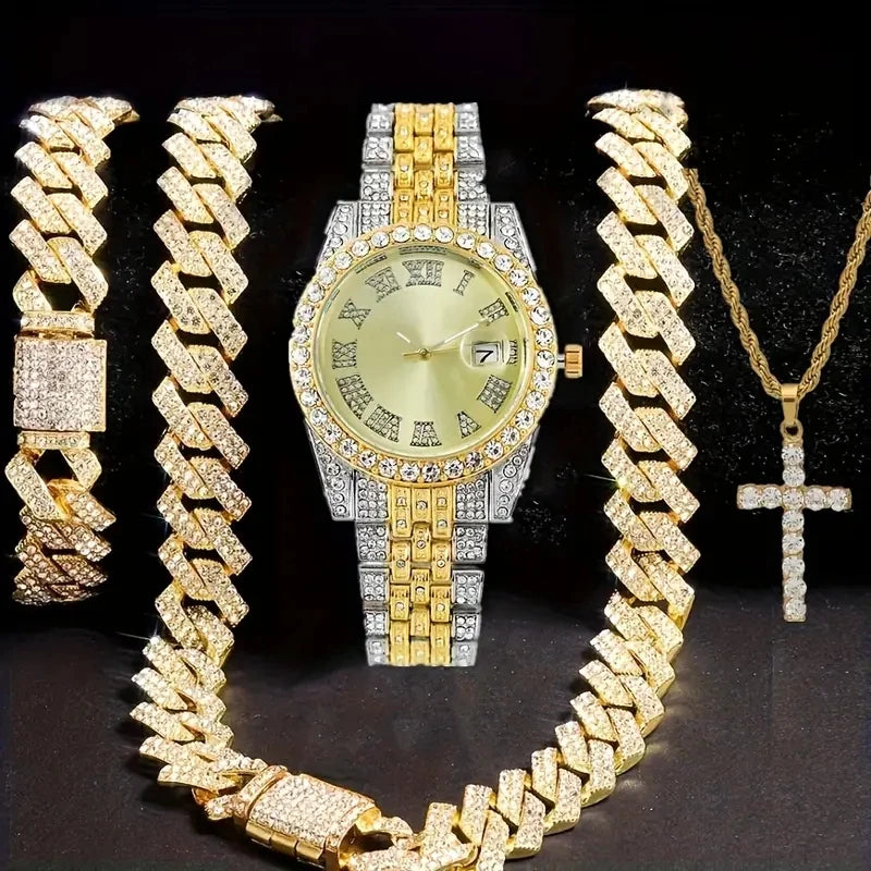 Men's Bling Quartz Watch and Cuban Chain Necklace Set