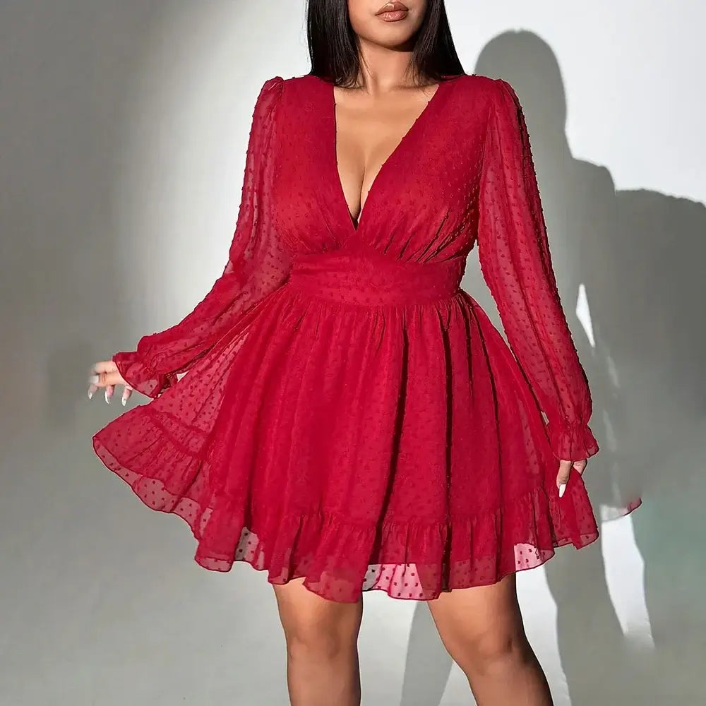 Women's Plus Size V-Neck Polka Dot A-Line Evening Dress