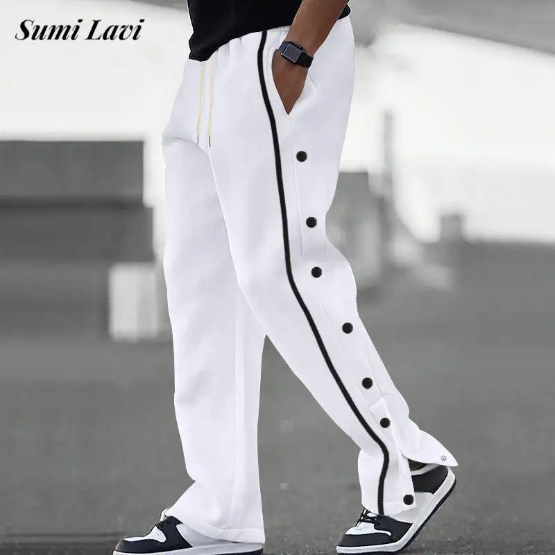 Men's Loose Solid Patchwork Side Button Straight Trousers