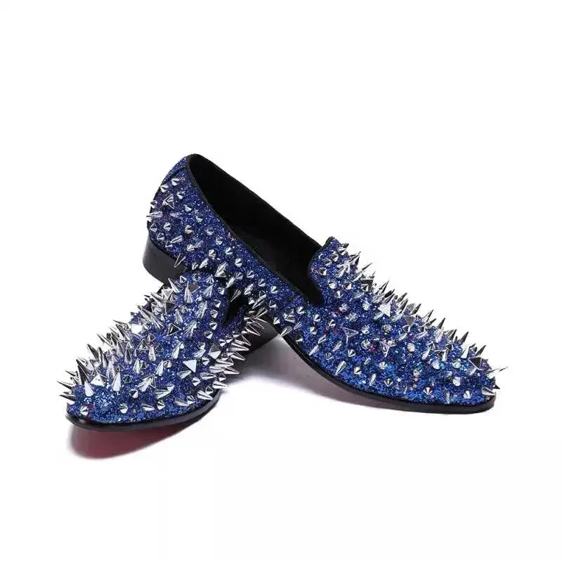 Men's Blue Bling Spike Slip-On Loafer Dress Shoes
