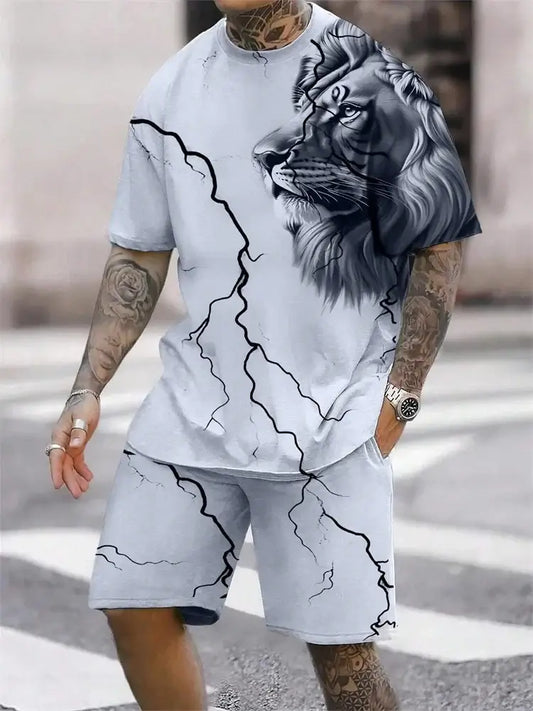 Men's 3D Lion Print T-Shirt & Shorts 2-Piece Set