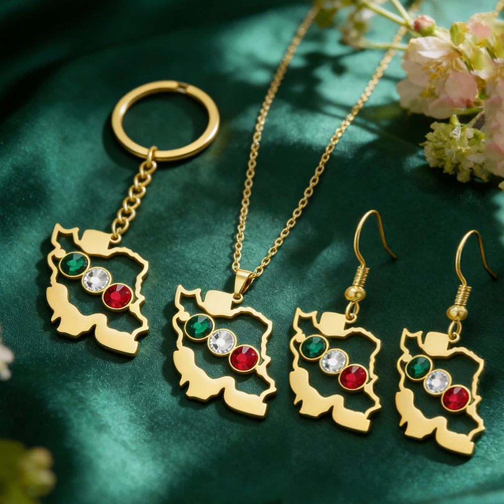 Women's Iran Map Zircon Necklace Earrings Keychain Set