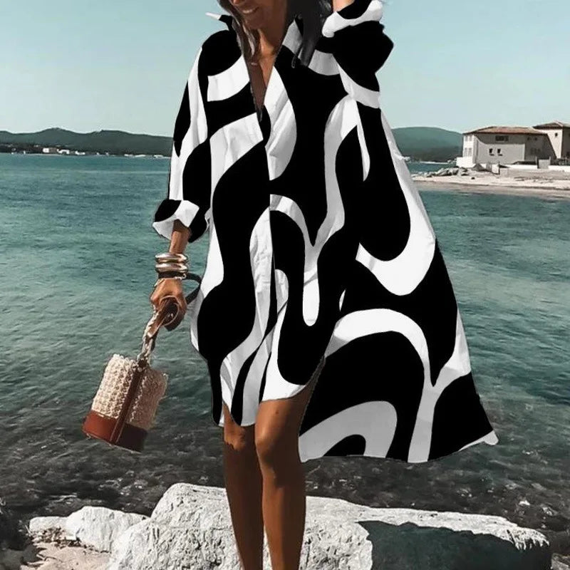 Women's Printed Lapel Long Sleeve Shirt Dress