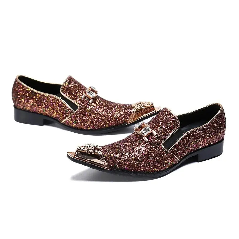 Men's Glitter Gold Italian Pointed Leather Wedding Dress Shoes