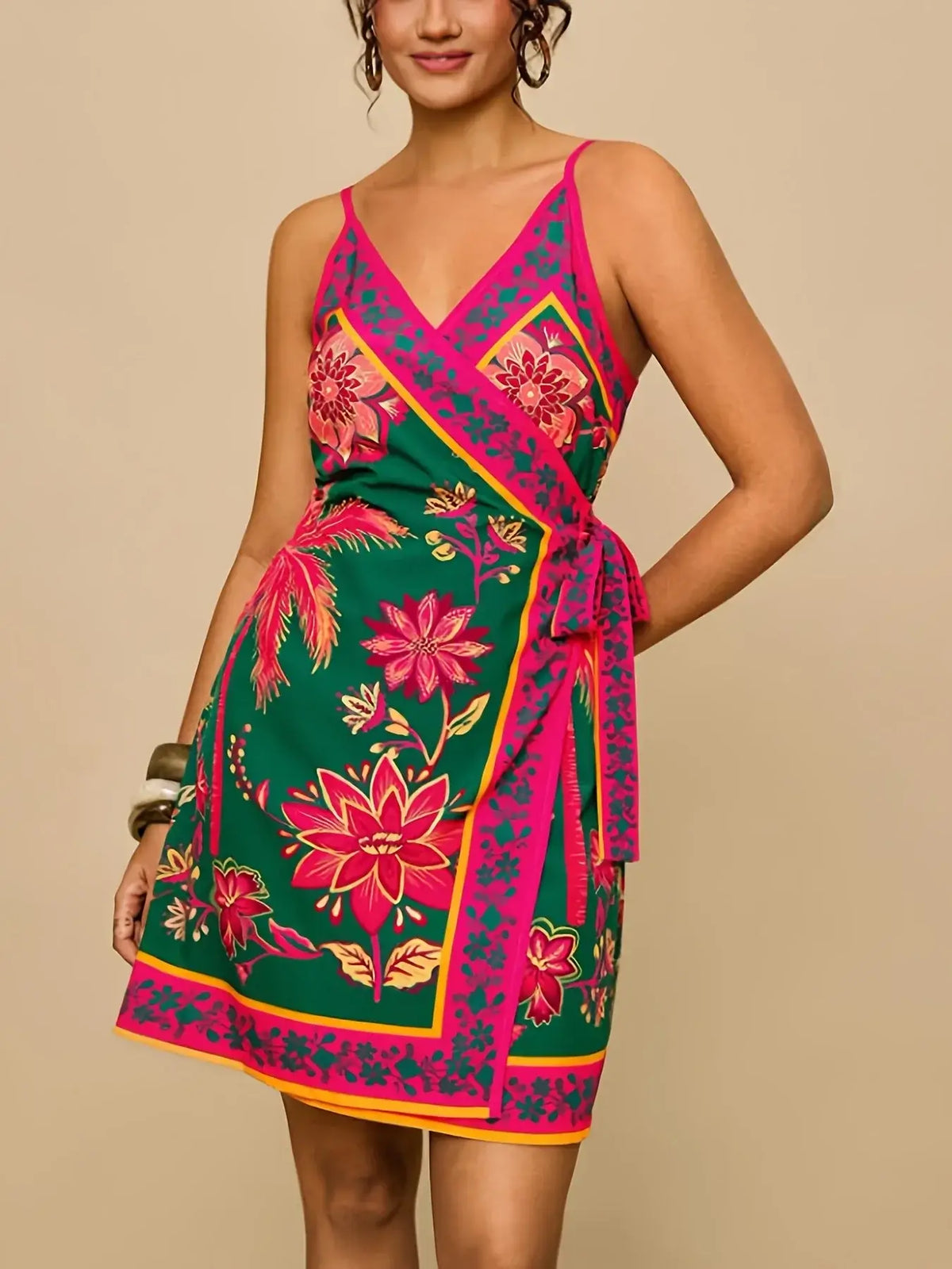 Women's Plus Size Ethnic Print Halter V-Neck Holiday Dress