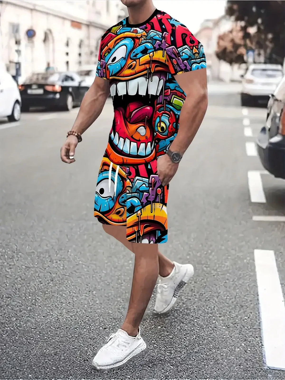 Men's Loose Graffiti-Print Crew-Neck Short-Sleeve T-Shirt and Shorts Set