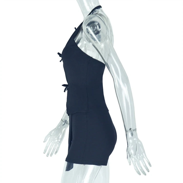 Women's White Hollow Halter Backless Top and Irregular Mini Skirt Set