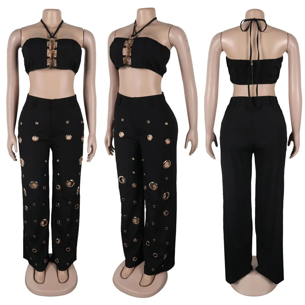 Women's Sequined Halter Top and Wide Leg Pants Set