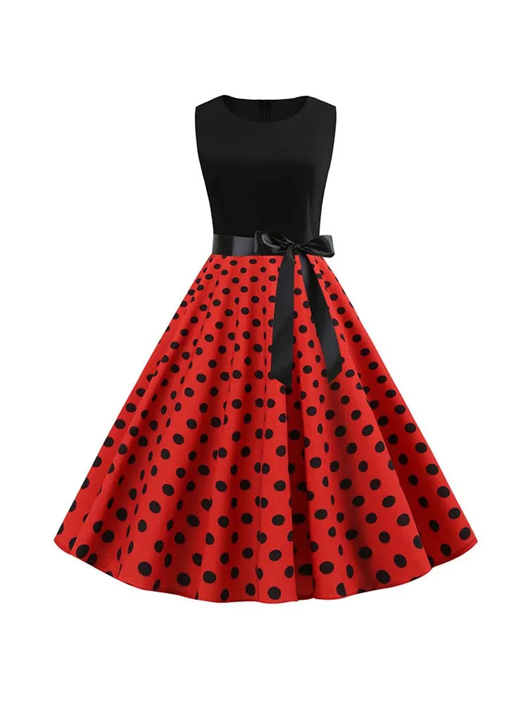 Black White Polka Dot Summer Dress Women Sleeveless Vintage 50s 60s Party Office Dresses