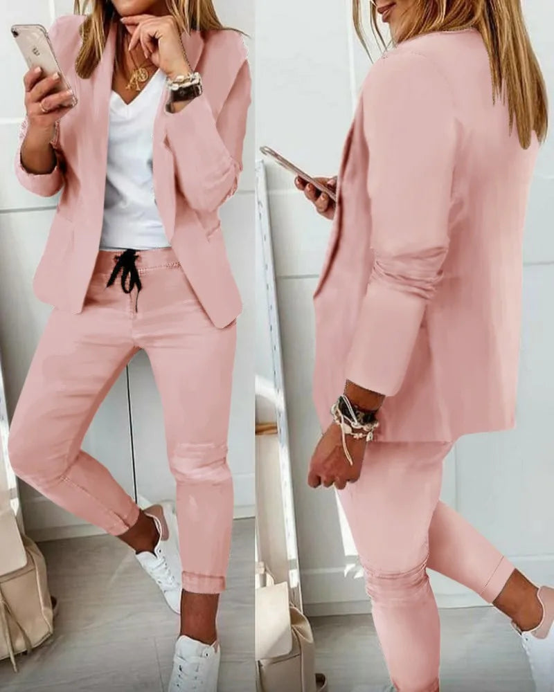 Women's Monochrome Drawstring Elastic-Waist Slit Suit Two-Piece