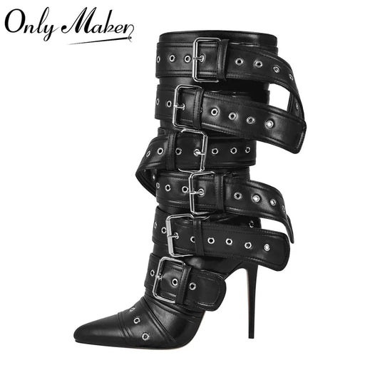 Women's Pointed-Toe Mid-Calf Stiletto Boots with Buckle